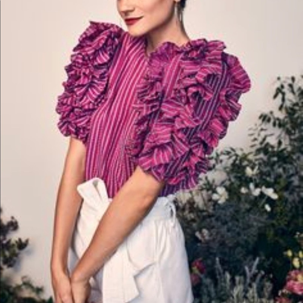 HappyxNature ruffle puff sleeve striped blouse